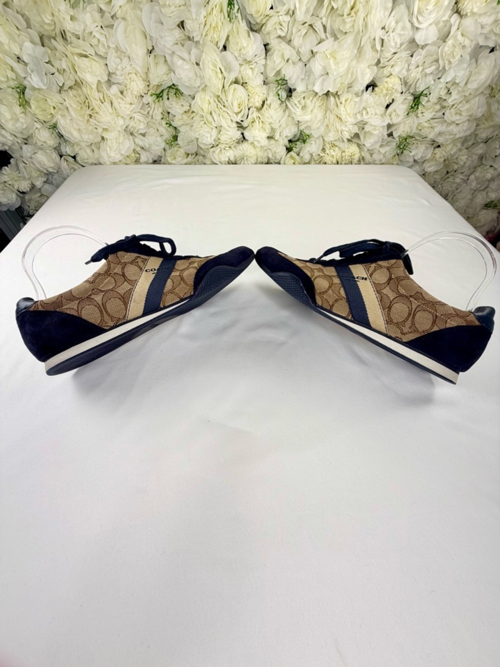 Coach Signature Sneakers Brown Canvas Navy Suede Lace Up Flats - Picture 4 of 10